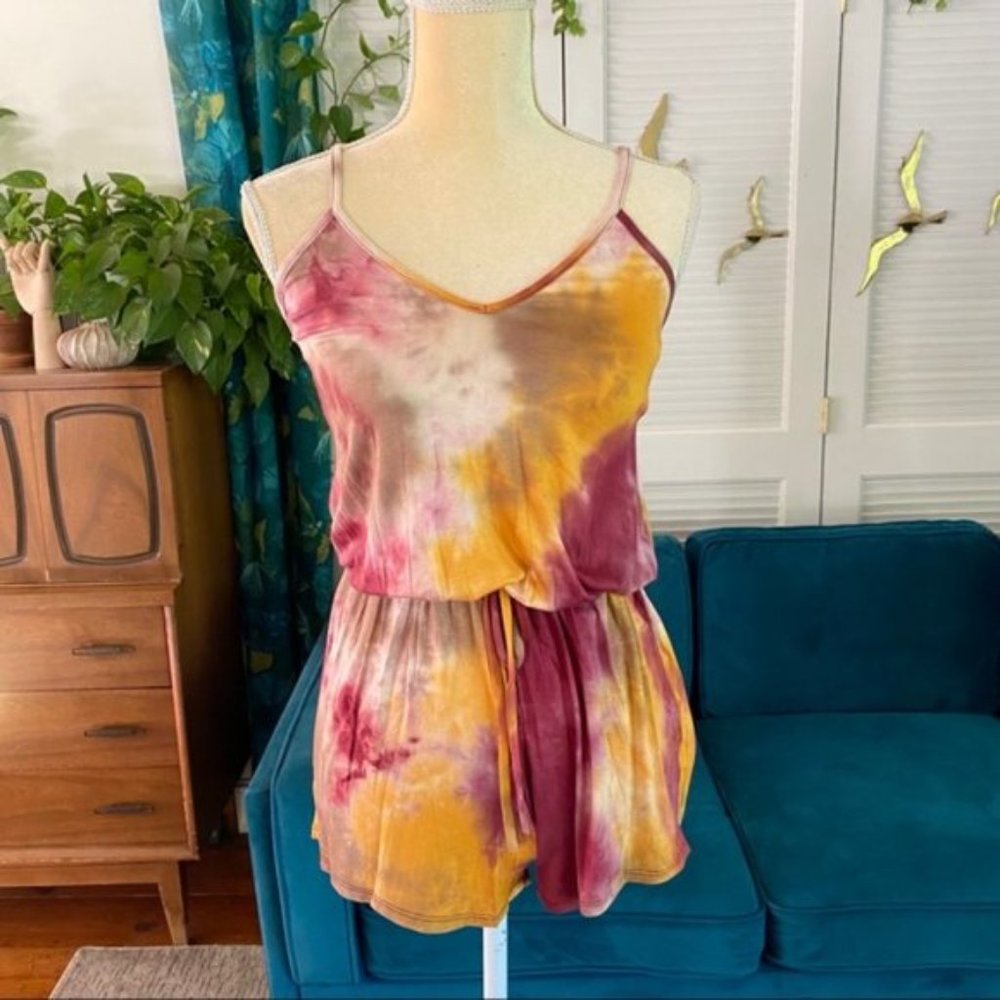 CY Fashion | Tie Dye Strappy Spaghetti Strap Romper Mustard Burgundy Soft Small - Picture 3 of 12